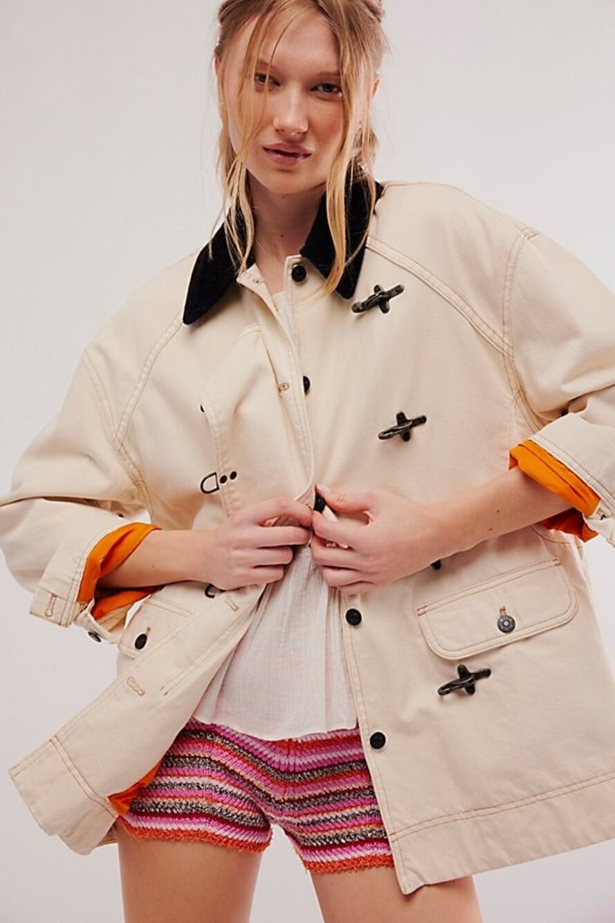 Free People We The Free Denim Barn Coat Jacket Off White Corduroy Collar Size XS